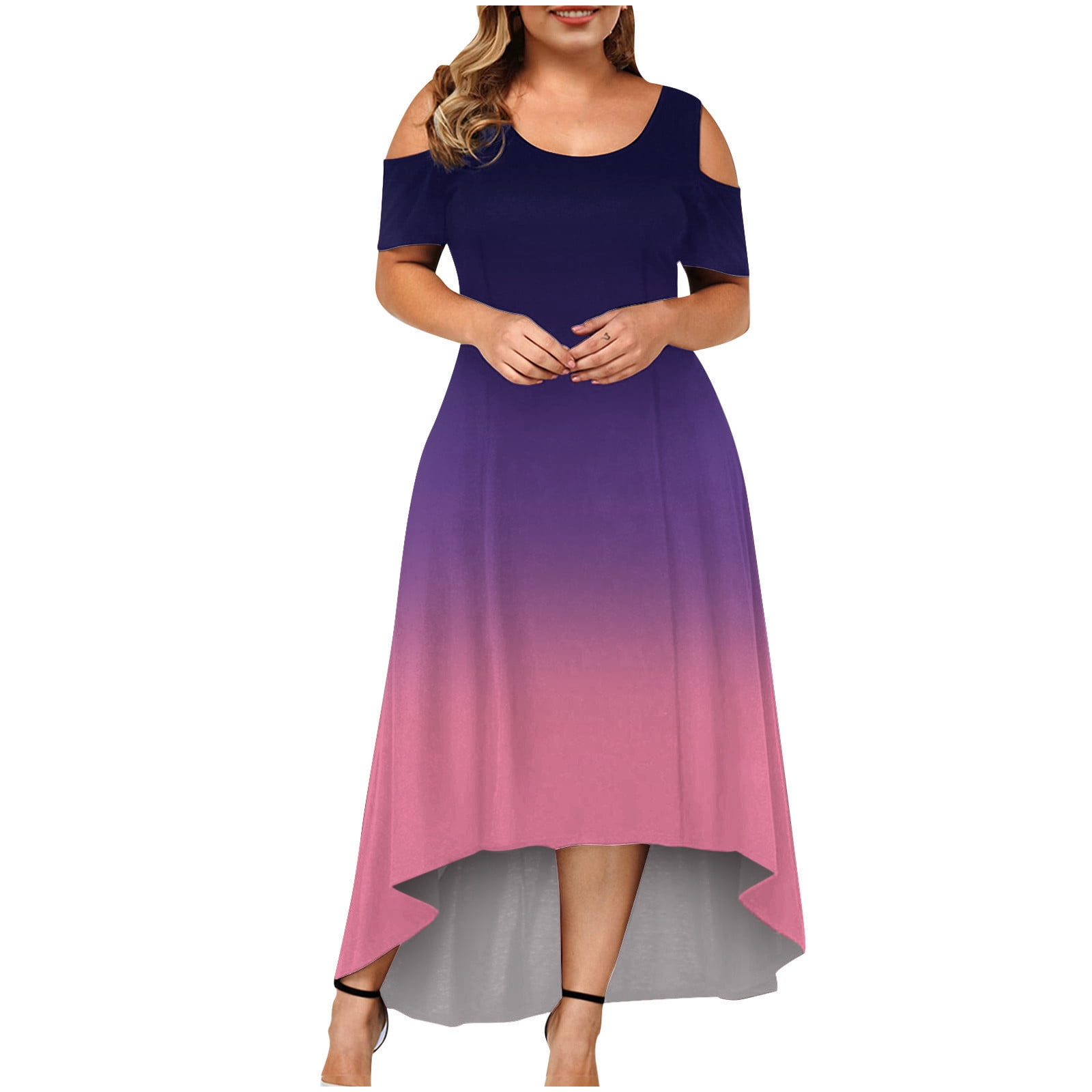 Woman Clothing Clearance Under $5,POROPL Summer Dresses for Women Plus Size  Sexy O-Neck Strapless Draw Back Lace Splicing Dress Purple Size 16