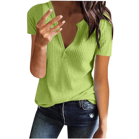 LYXSSBYX Short Sleeve Womens Tops Hot Sale Summer Womens Solid Color Tops V-Neck Short Sleeve Casual Loose T- Blouse