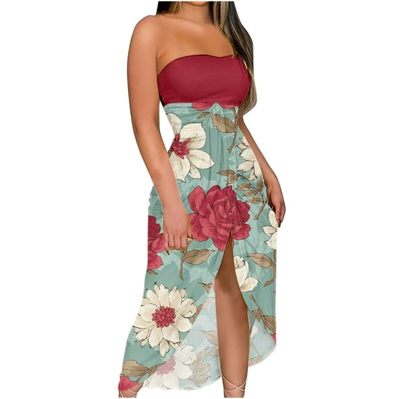 Spring Savings LYXSSBYX Summer Dresses for Women Women's Summer Print Strapless Long Dress Beach Split Dress Party Club Dress