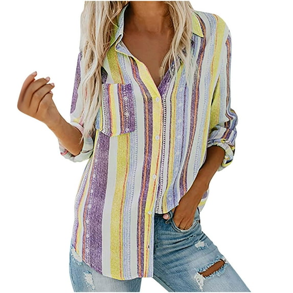 LYXSSBYX Summer Shirts for Womens Fashion V Neck Striped Roll Up Sleeve Button Down Blouses Tops with Pocket Loose Shirt