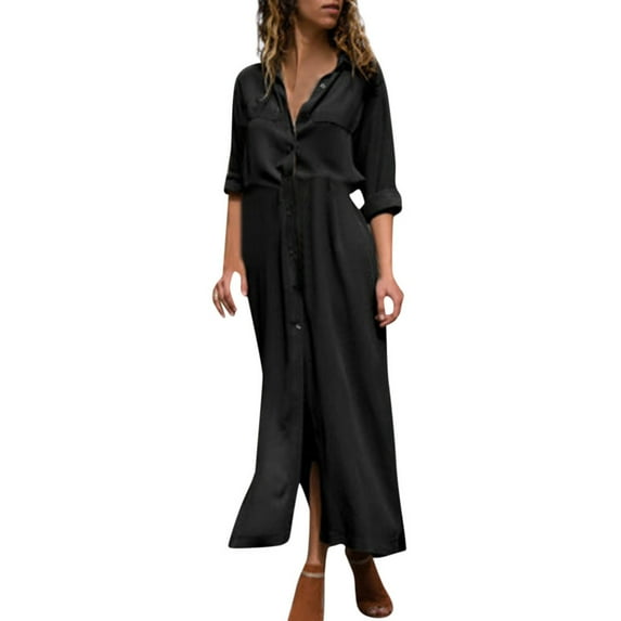 Spring Savings LYXSSBYX Womens Dresses Short Sleeve Fashion Women Summer Casual Solid Dress V-Neck Long Sleeve Loose Dress