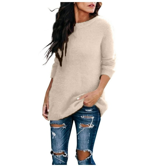 Spring Savings LYXSSBYX Womens Long Sleeve Tops Women's Maxi Dresses Winter Women Fashion Casual Soild Loose O-Neck Long Sleeve Zipper Thin Plush Dress