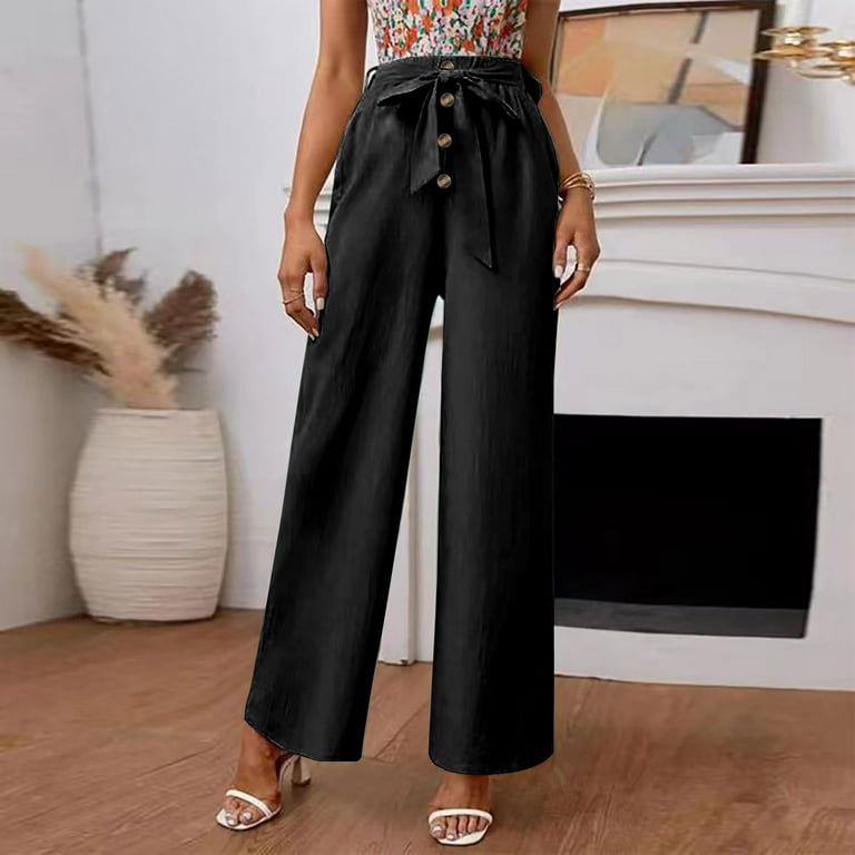 Spring Savings Clearance 2023,POROPL Plus Size Fashion Summer Solid Cotton  Linen Casual Button Elastic Waist Long Pants Women Pants Clearance Clothing  Under $10. Black Size 14 