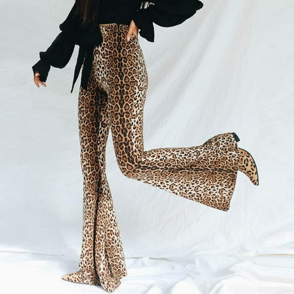 Zpanxa Women's Slacks, Animal Printed Pants Women Long Leopard Leopard Pants High Waist Pants Casual Loose Wide Leg Pants Brown L