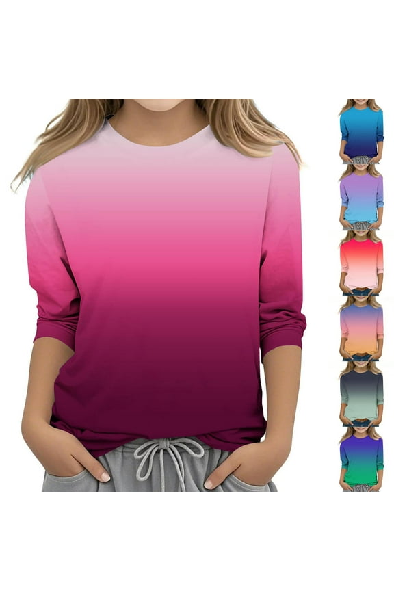 Girls Long Sleeve Tops,Casual T-Shirts for Kids,Children's Fashion Gradient Print 3/4 Sleeve Round Neck Shirt