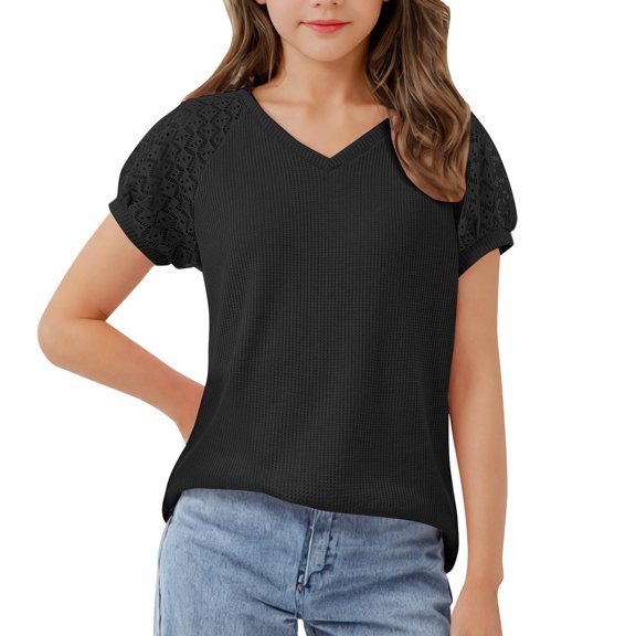 abtuhar Girls Tops,Girls Short Sleeve T Shirts Kids Summer Tops Crewneck Tees Black 5-6 Years