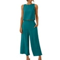 thumbnail image 1 of 2PC Fashion Woman Round Neck Solid Sleeveless Blouse +Loose Pockets Pants Sets, 1 of 7