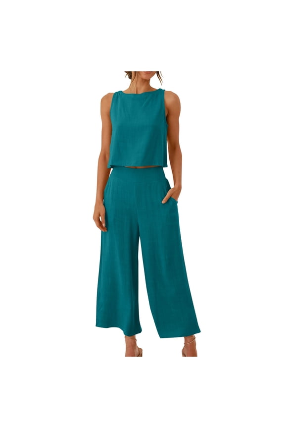 2PC Fashion Woman Round Neck Solid Sleeveless Blouse +Loose Pockets Pants Sets