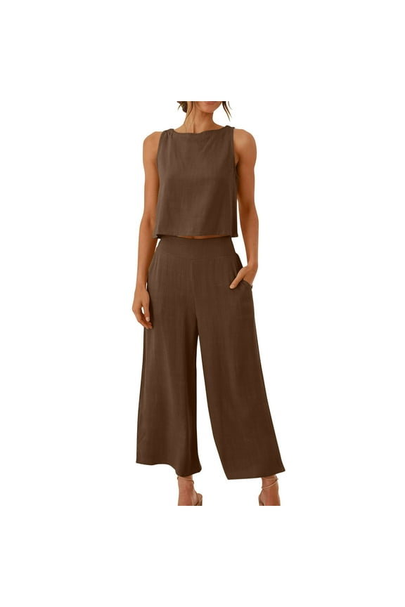 2PC Fashion Woman Round Neck Solid Sleeveless Blouse +Loose Pockets Pants Sets