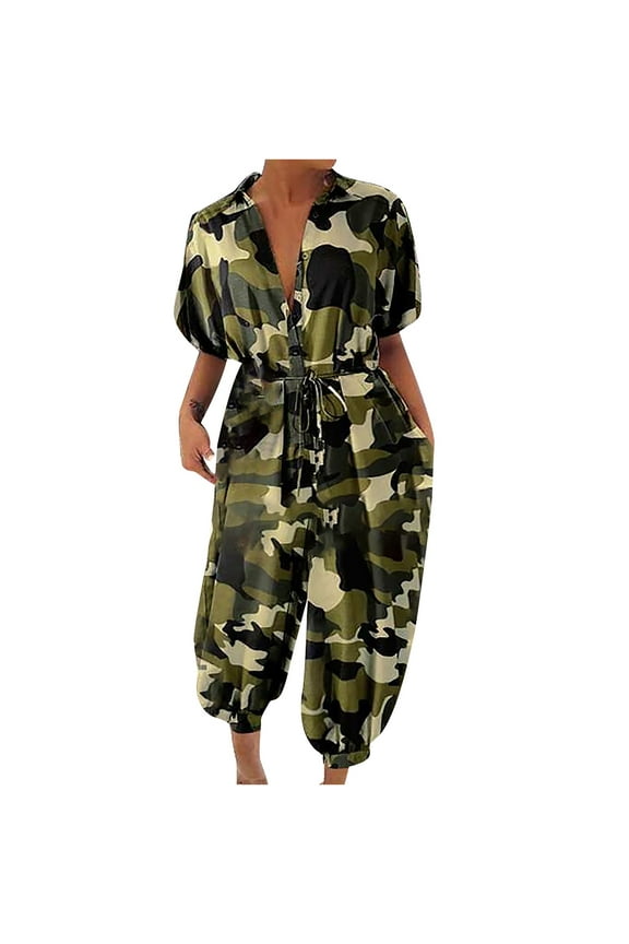 Spring High Waisted Camouflage Rompers for Women 2025 ,Camouflage Jumpsuit for Women with Front Pocket ,Short Sleeve V Neck Button up Bodysuit Straight Leg Womens Pants Romper