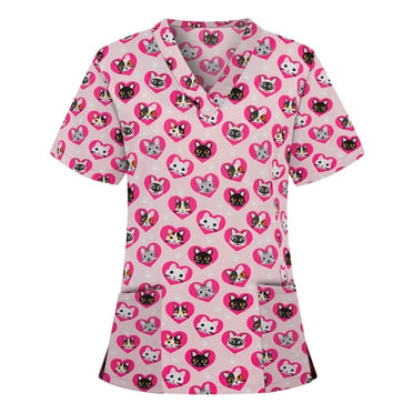 Spring Savings Clearance Items Home Deals! Aimik Women Heart Printed Nurse Scrubs Tops Short Sleeve V-neck Nurses Working Uniform Workwear Tunic Clinic Carer Plus Size Protective Clothing