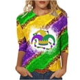 thumbnail image 1 of S LUKKC LUKKC Mardi Gras Shirt For Women Summer Carnival Theme Party Outfits Casual Fashion Print Pullover Round Neck 3/4 Sleeve Top Blouse, 1 of 4