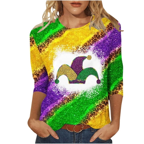 S LUKKC LUKKC Mardi Gras Shirt For Women Summer Carnival Theme Party Outfits Casual Fashion Print Pullover Round Neck 3/4 Sleeve Top Blouse