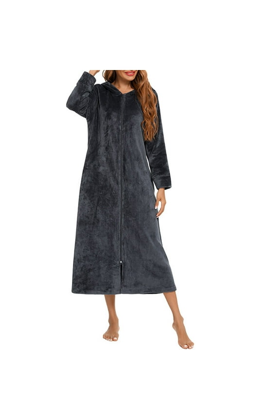 Robes For Women Zipper Robe Long Sleeve Nightgown Sleep Full Length Duster Housecoats With Pockets Loose Pajamas Home