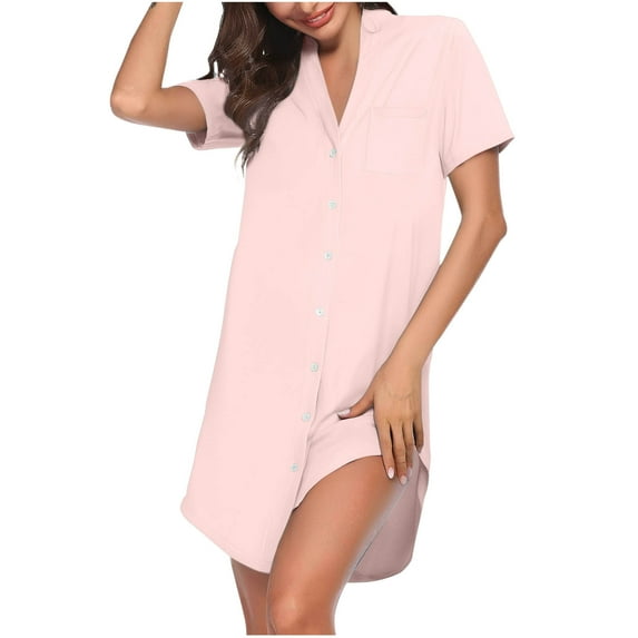 LADIGASU Fashion Women V-neck Solid Color Pocket Tie Buckle Short Sleeves Split Fork Home Short Nightgown
