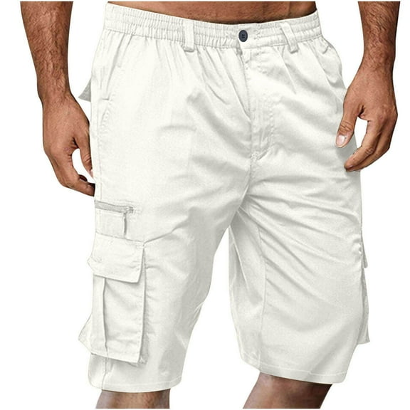 LADIGASU Men Casual Button Zipper Solid Knee Length Cargo Pants With Pocket Straight Button Zipper Shorts