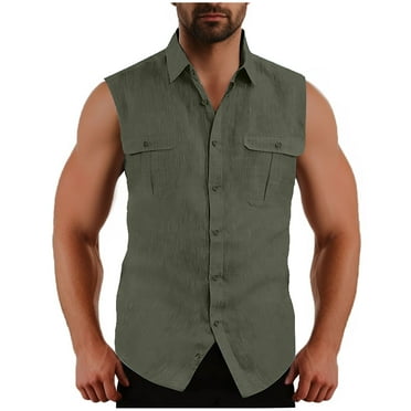 Spring Savings Clearance! LADIGASU Men Casual Fashion Solid Turn-down Collar Sports Sleeveless Double Pocket Tank Tops Vest