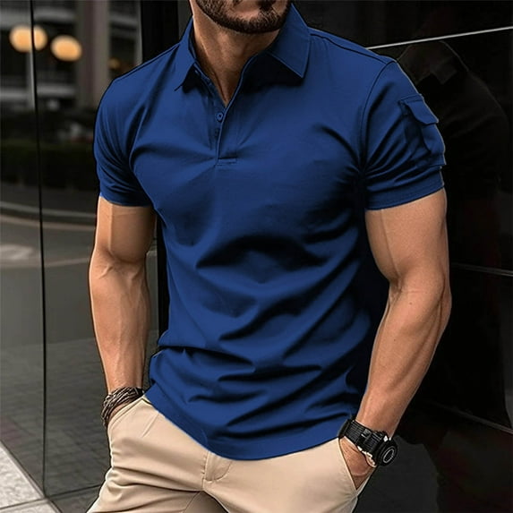 LADIGASU Men Fashion Leisure Versatile Solid Color Button Pocket Lapel T-shirt Top