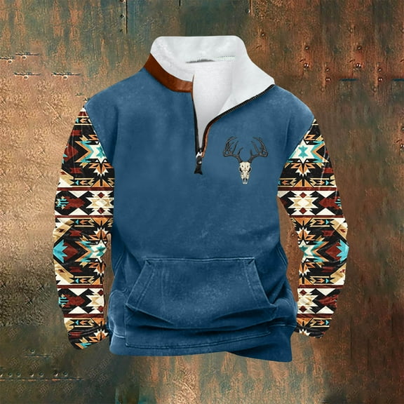 LEBONYARD Men's & Big Men's Oversized Long Sleeve Tee Shirt,Men Casual Hoodie Retro Ethnic Printed Stand-up Neck Zipper Long Sleeve Tops Wshirts Blue S