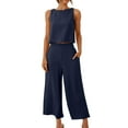 thumbnail image 1 of Spring Savings Clearance Lindreshi 2 Piece Outfits for Women Summer 2PC Fashion Woman Round Neck Solid Sleeveless Blouse +Loose Pockets Pants Sets, 1 of 7