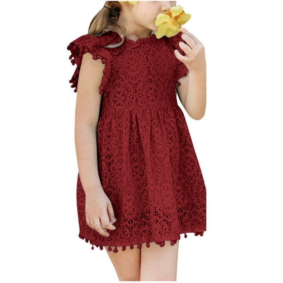 Spring Savings Clearance Lindreshi Baby Girl Clothes Clearance Toddler Kids Baby Girls Elegant Lace Pom-Pom Flutter-Sleeve Party Princess Dress