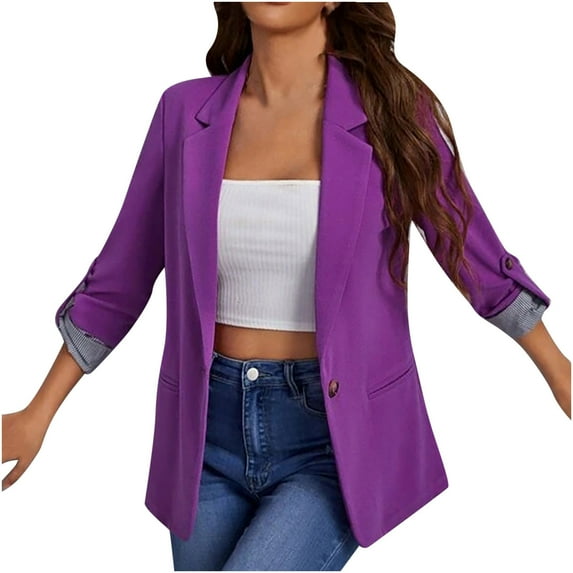 Lindreshi Blazers for Women Women Business Attire Solid Color Stripe Long Sleeve Pocket Cardigan Coat Top