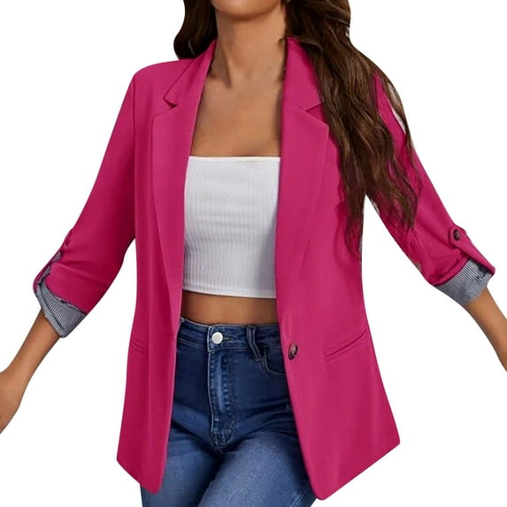 Lindreshi Blazers for Women Women Business Attire Solid Color Stripe Long Sleeve Pocket Cardigan Coat Top
