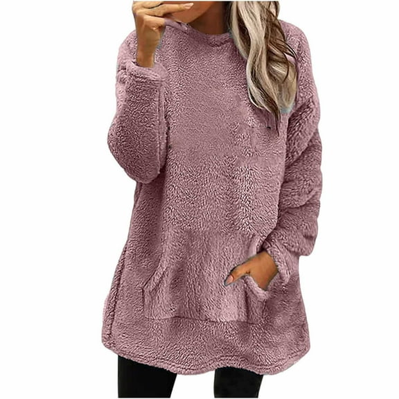 Lindreshi Christmas Pajamas for Women Women's Round- Neck Plush Fall and Winter Loose Solid Pocket Warm Long Sleeve Blouse Tops