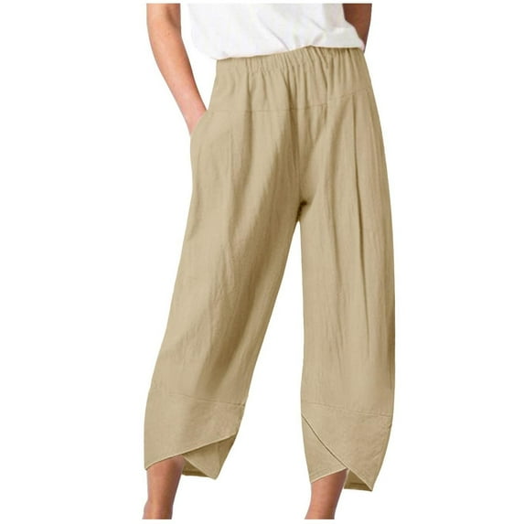 Lindreshi Cotton Womens Capris with Pockets Womens Elastic Waist Buttons Color Thin Stretch Skinny Pants Trousers