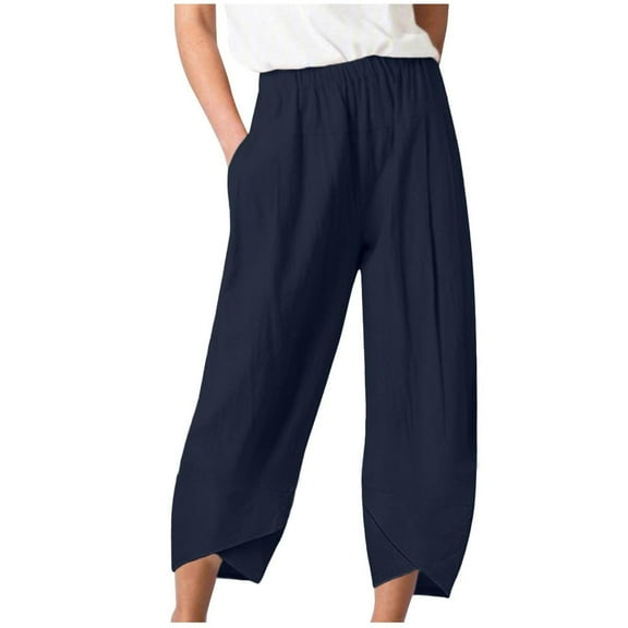 Lindreshi Cotton Womens Capris with Pockets Womens Elastic Waist Buttons Color Thin Stretch Skinny Pants Trousers