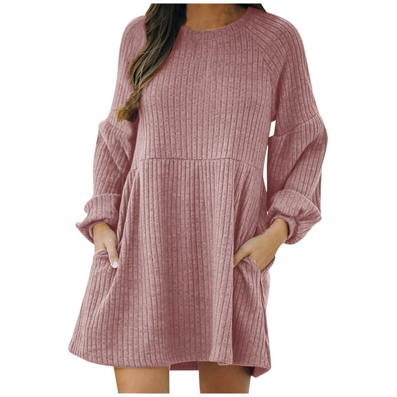 Lindreshi Fall Dresses for Women 2025 Homecoming Dresses Women Casual Solid Loose Knitted Medium Waist Sweater Dress Long Sleeve Round-Neck Dress