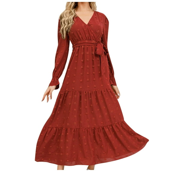 Spring Savings Clearance Lindreshi Fall Dresses for Women 2023 Homecoming Dresses Women's Fashion Long Sleeve Print V-Neck Ladies Holiday Outing Long Dress