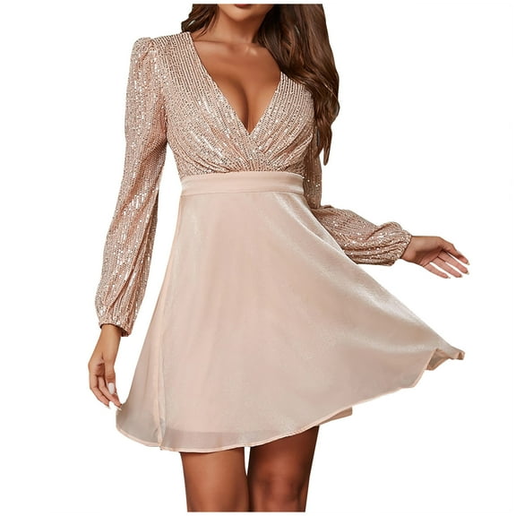 Lindreshi Fall Dresses for Women 2025 Homecoming Dresses Women's Sweet Sequin Mesh Patchwork Deep V Long Sleeve V-Neck Knee-Length Dress