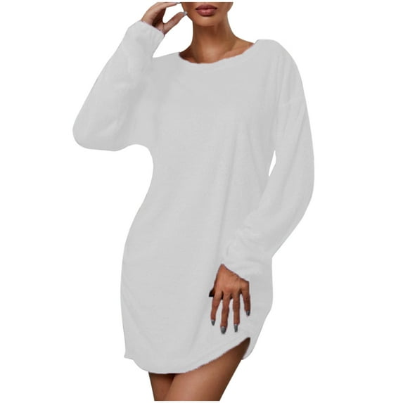 Spring Savings Clearance Lindreshi Fall Dresses for Women 2023 Homecoming Dresses Women Casual Loose Crew-Neck Plush Sweater Long-sleeve Dress