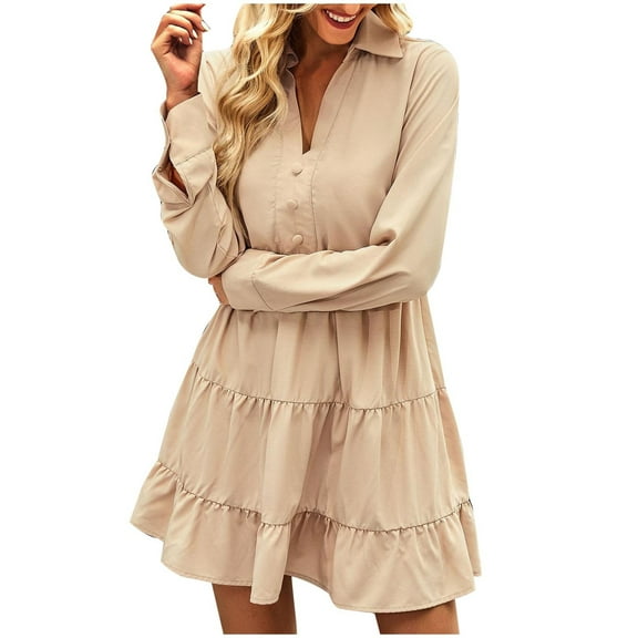 Lindreshi Fall Dresses for Women 2025 Homecoming Dresses Women Solid Color Sleeved V-Neck Loose Flowy Ruffle Hem Dress