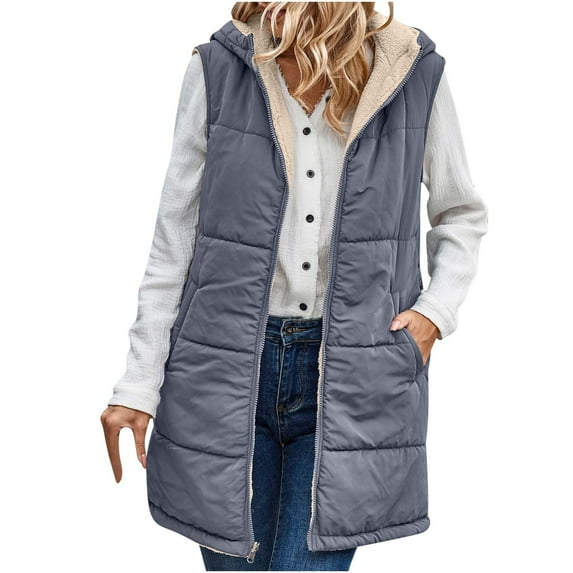 Lindreshi Fall Jackets for Women Quilted Women's Winter Casual Loose Fashion Color Pocket Zippered Plush Waistcoat Tops Reversible Long Cotton Coat