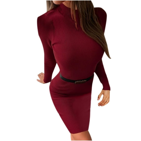 Lindreshi Formal Dresses for Women Women Fashion Solid Color Long Sleeve Half High Neck Hip Slim Sweater Dress
