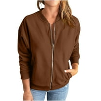 Lindreshi Jackets for Women Casual Fall Women's Casual Loose Fashion Color Pocket Zippered Jacket Long Sleeve Coat