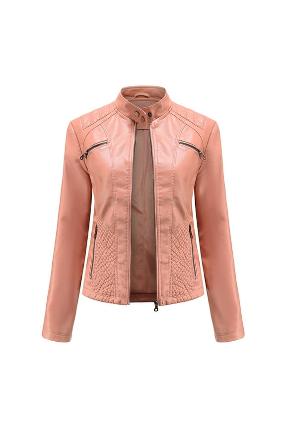 Leather Jackets for Women Women's Leather Standing Collar Slim Fitting Motorcycle Jacket Leather Jacket