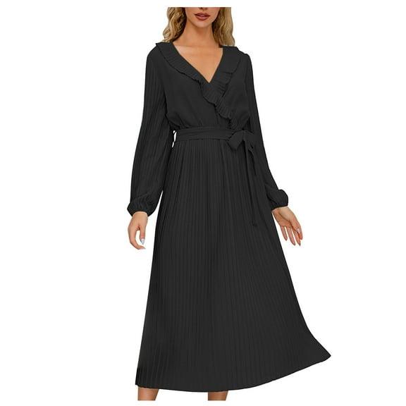 Lindreshi Long Sleeve Dresses for Women Plus Size Maxi Fall and Winter New Slim Temperament Dress V-Neck Bubble Sleeve Pleated Skirt