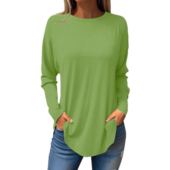 Spring Savings Clearance Lindreshi Long Sleeve Shirts for Women Clearance Womens Round Neck Solid Color Fall Blouses Fashion Smocked Long Sleeve Shirts Tops