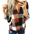 thumbnail image 1 of Lindreshi Long Sleeve Shirts for Women Plus Size Long Sleeve Women Casual Roll up Long Sleeve V Neck Plaid Shirt Slim Top Long, 1 of 9