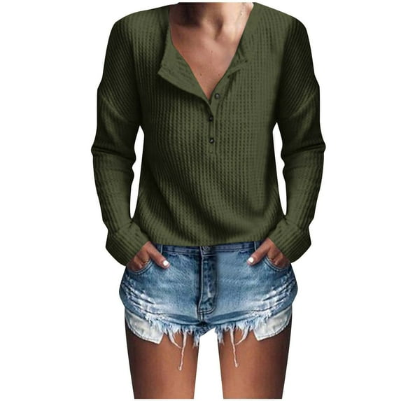 Lindreshi Long Sleeve Shirts for Women Women's Fashion Loose Women's Button V-Neck Long Sleeve Women's Top