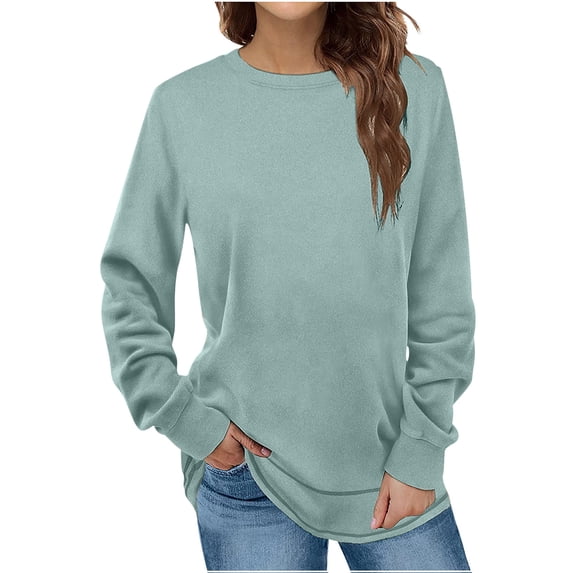 Lindreshi Long Sleeve Shirts for Women Women's Fashion Winter Solid Round-Neck Pullover Long Sleeve Tops