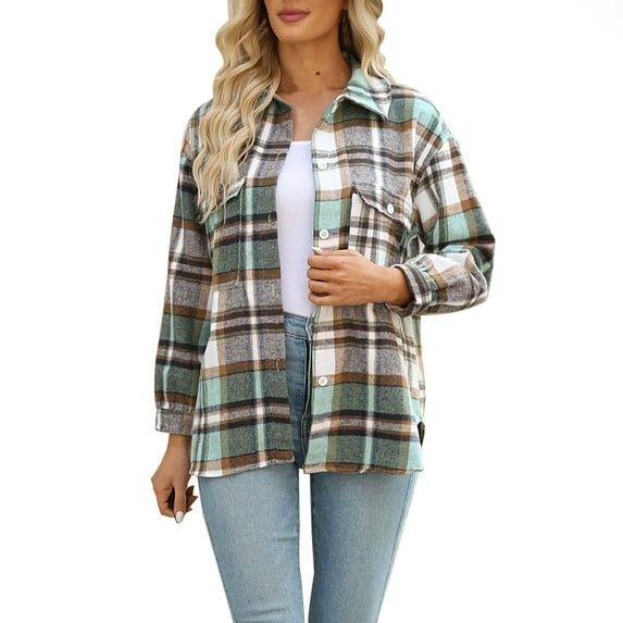 Spring Savings Clearance Lindreshi Long Sleeve Shirts for Women Fashion Women Plaid Printing Cardigan Button Coat Blouse Outwear Shirts Outwear