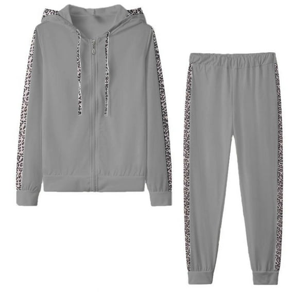 Lindreshi Loungewear Sets for Women 2 Piece Fashion Women's Fall Winter Casual Sports V-Neck Leopard Print Long Sleeve Pocket Zippered Sweatshirts Hoodie Set