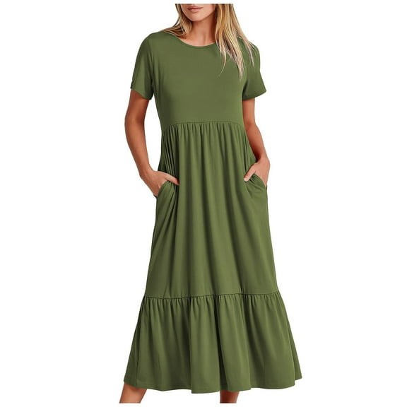 Lindreshi Midi Dresses for Women with Sleeves Women's Summer Casual Short Sleeve Crewneck Dress Casual Flowy Tiered Maxi Beach Dress with Pockets