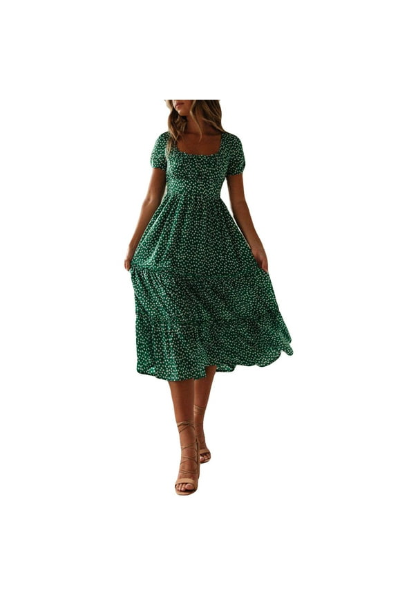 Midi Dresses for Women with Sleeves Fashion Women Little Daisy Print Puff Sleeve Neck Dress