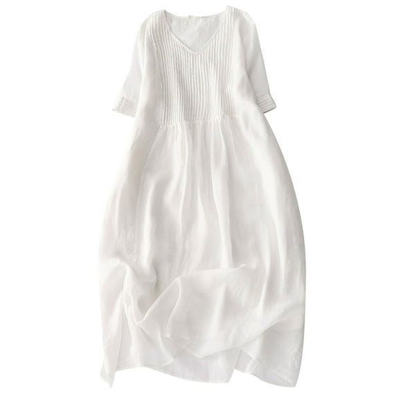 Spring Savings Clearance Lindreshi Midi Dresses for Women with Sleeves Summer Women's Cotton Linen Solid Loose Short Sleeve V-Neck Dress