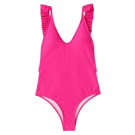 Lindreshi One Piece Swimsuits for Women Women's One-Piece Swimsuit V-Neck Backless Swimsuit Solid One-Piece Bikini Ruffle Swimsuit